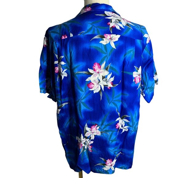 Vintage 90s Two Palms Hawaiian Camp Shirt M Blue Floral Button Up Short Sleeve - Picture 4 of 6